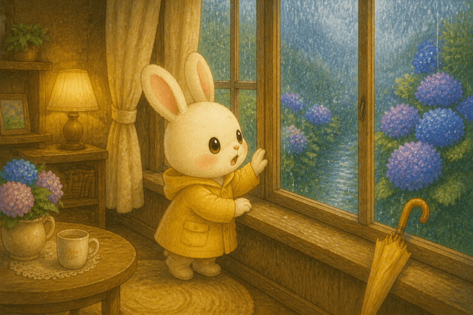 雨の朝に窓辺でしずくの音を聞くうさぎのモモ