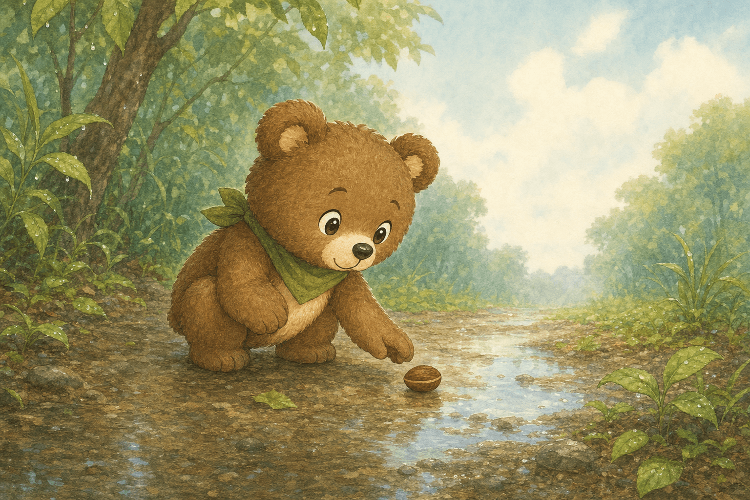 雨上がりの道で種を拾うくまのポポ